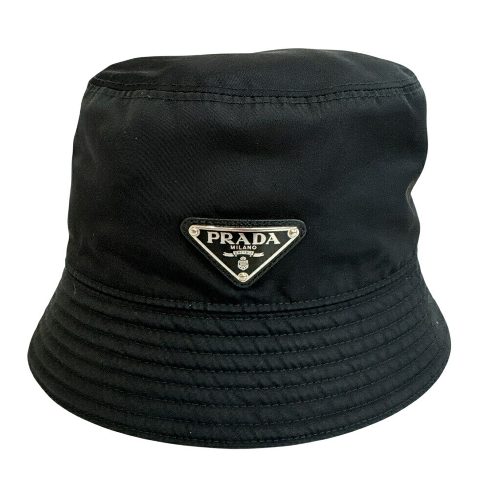 PRADA 1HC137 Bucket Hat, Size 57, Triangle Plate, Black